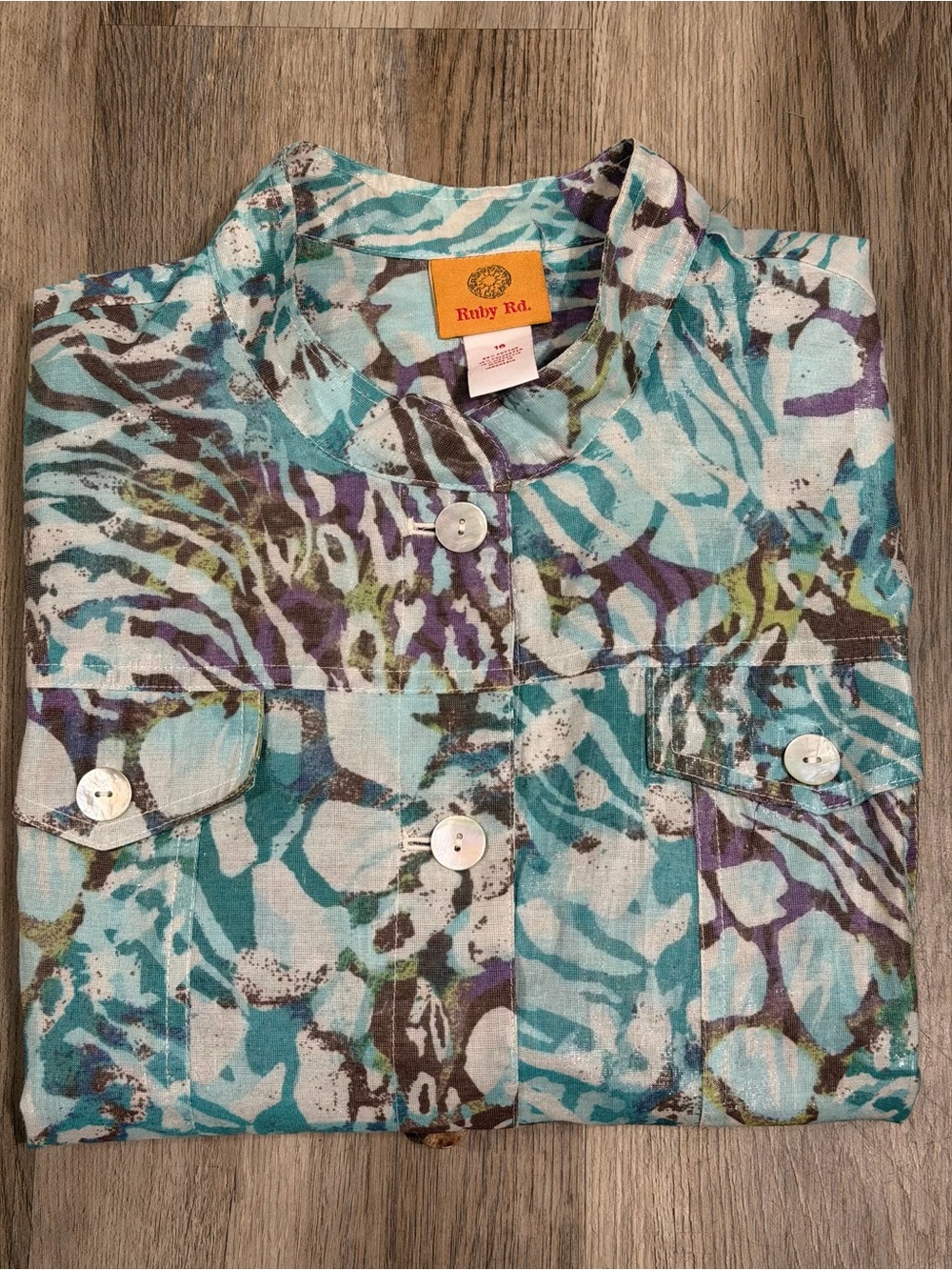Ruby Rd. Turquoise Purple Multi-Print Button Front Shirt Jacket - Picture 9 of 9